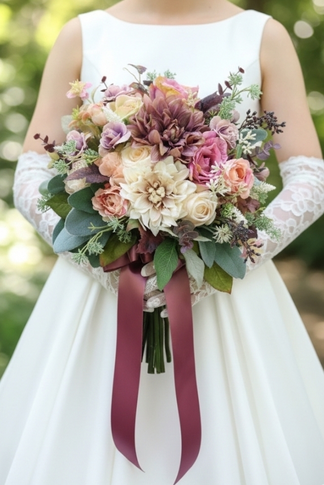 モーブカラー＆クリームベージュのレトロクラッシックなクラッチブーケ