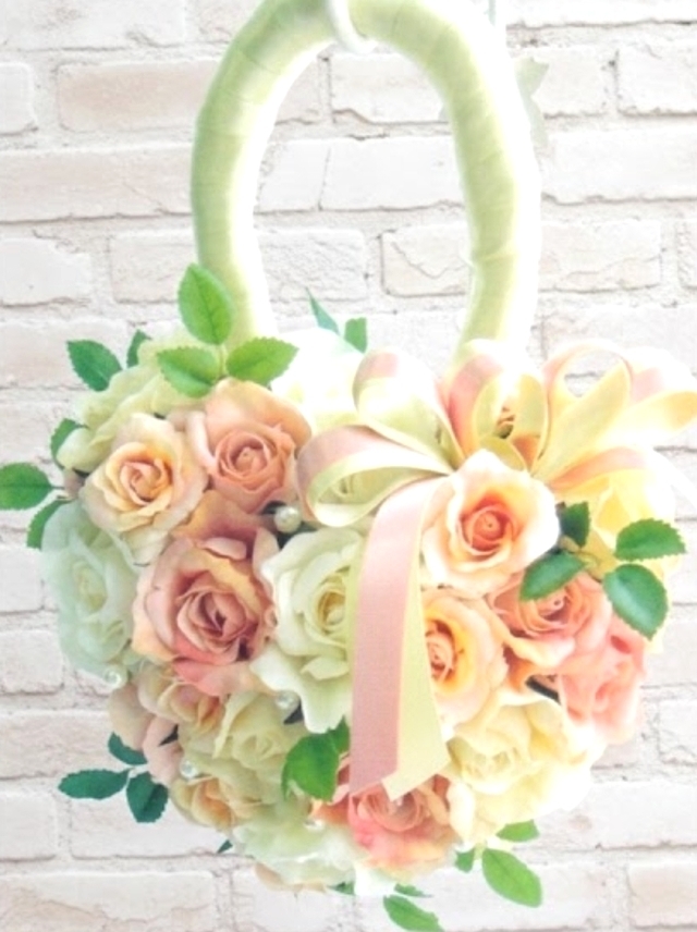 ソフトイエロー＆オレンジのパステルカラーのハートのバッグブーケ
