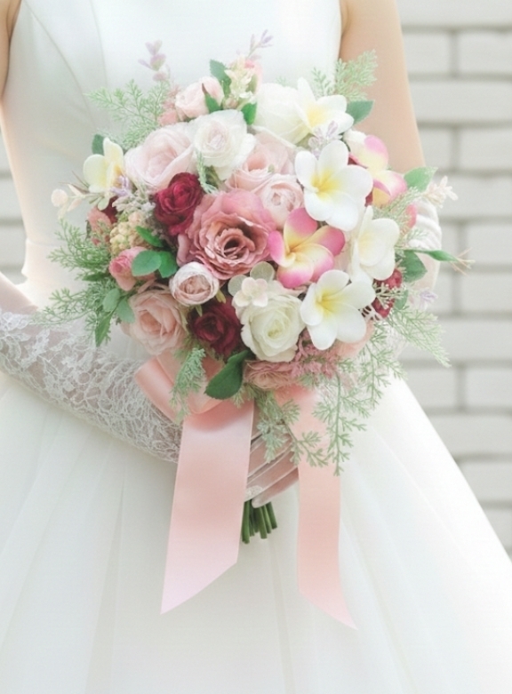 プルメリア&ピンクの薔薇のクラッチブーケ