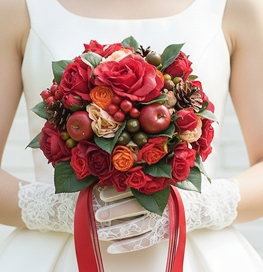 大輪の薔薇＆グリーンの実のキャスケードブーケ