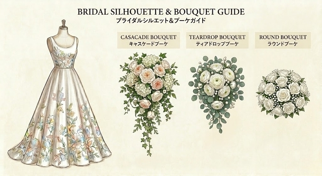 Aラインドレスに似合うラウンドブーケのコーディネート例