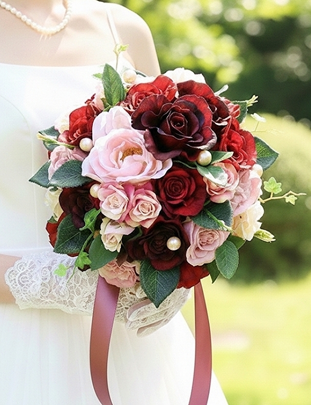 ワイン&ローズ&ソフトピンクの薔薇の大人エレガンスなラウンドブーケ