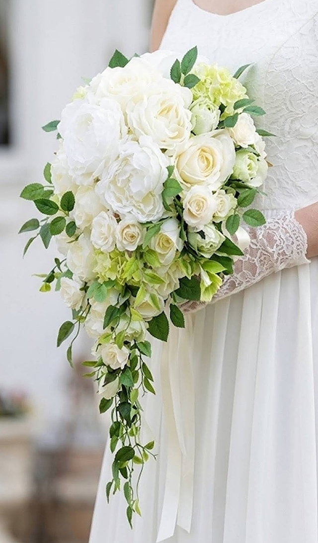 キャスケードブーケ 白薔薇 ビバーナム|造花ウェディングブーケ(アーティフィシャルフラワー)