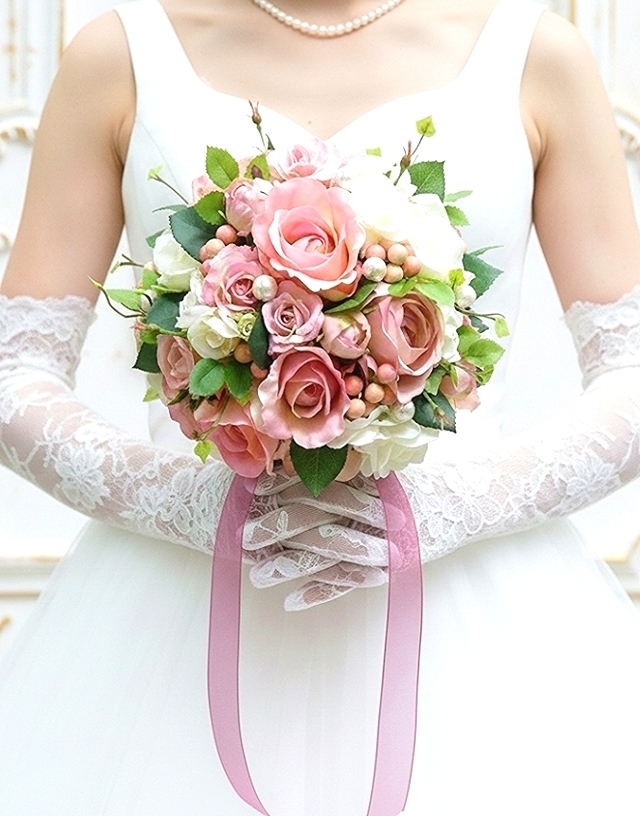 スィートピンク＆ホワイトの薔薇の愛されカラーのラウンドブーケ