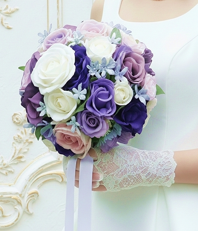ブルー＆パープルグラデーションの洗練ラウンドブーケ