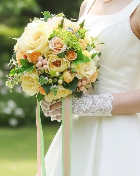 ソフトイエロー＆オレンジ＆実の物の優しいラウンドブーケ