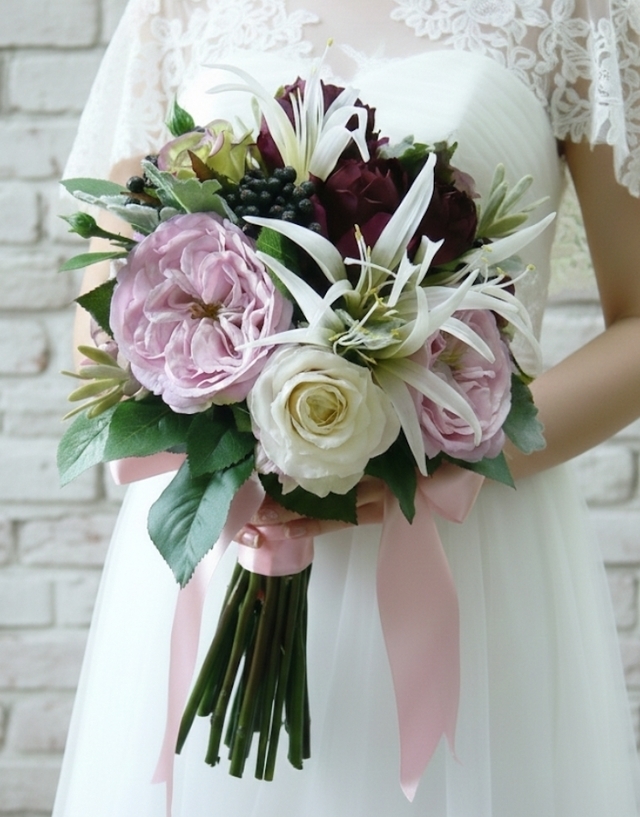 ラベンダーピンク＆ボルドーの大輪薔薇のラグジュアリーなクラッチブーケ