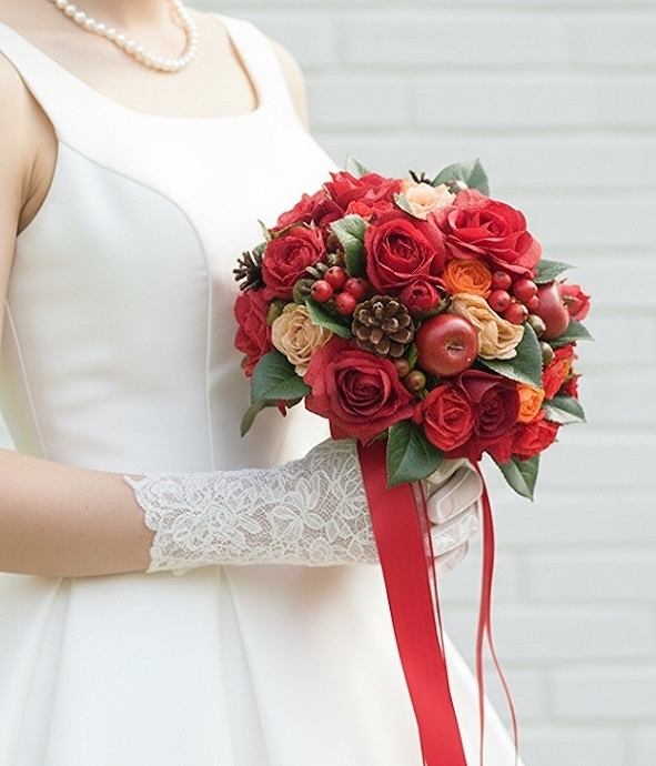 リンゴと実の物の鮮やかレッドのラウンドブーケ