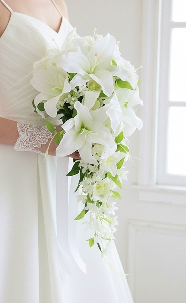 カサブランカ・蘭・ジャスミンのボリュミィーなロングキャスケードブーケ|造花ウエディングブーケ