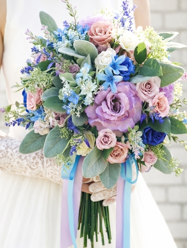 青いミニバラ＆トルコキキョウのエレガントなクラッチブーケ