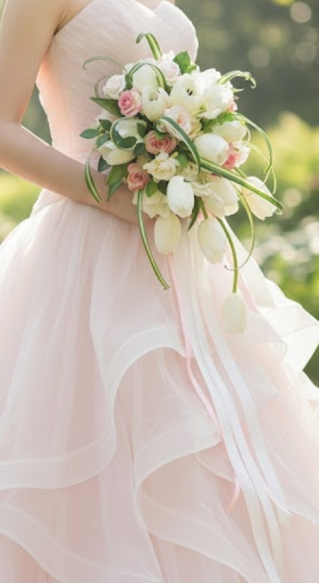 白いチューリップ&ピンクのミニ薔薇のフリースタイルブーケ