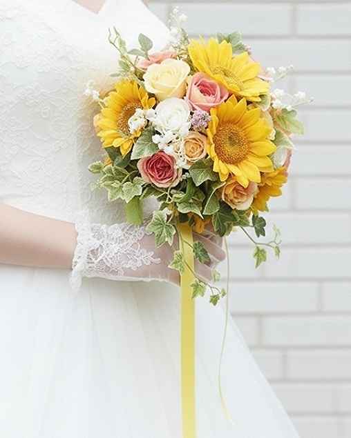 ひまわり＆アプリコットオレンジの薔薇＆鈴蘭のナチュラルラウンドブーケ