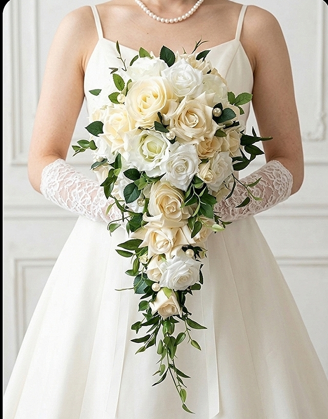 キャスケードブーケ 薔薇　白＆ピンク系｜造花ウエディングブーケ（アーティフィシャルフラワー）