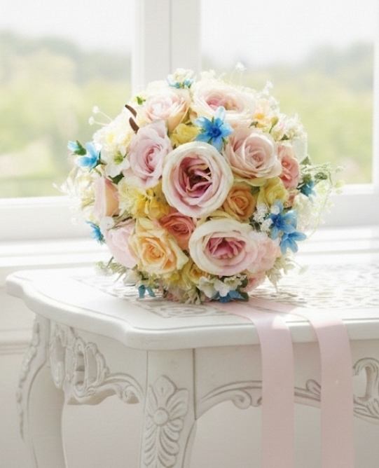 ふんわりパステルカラーのラウンドブーケ