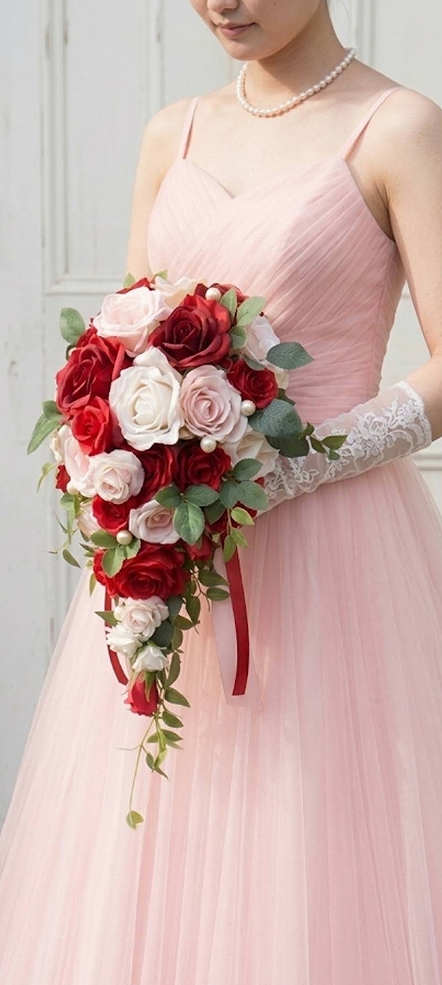 キャスケードブーケ 薔薇　白＆ピンク＆赤系｜造花ウェディングブーケ（アーティフィシャルフラワー）