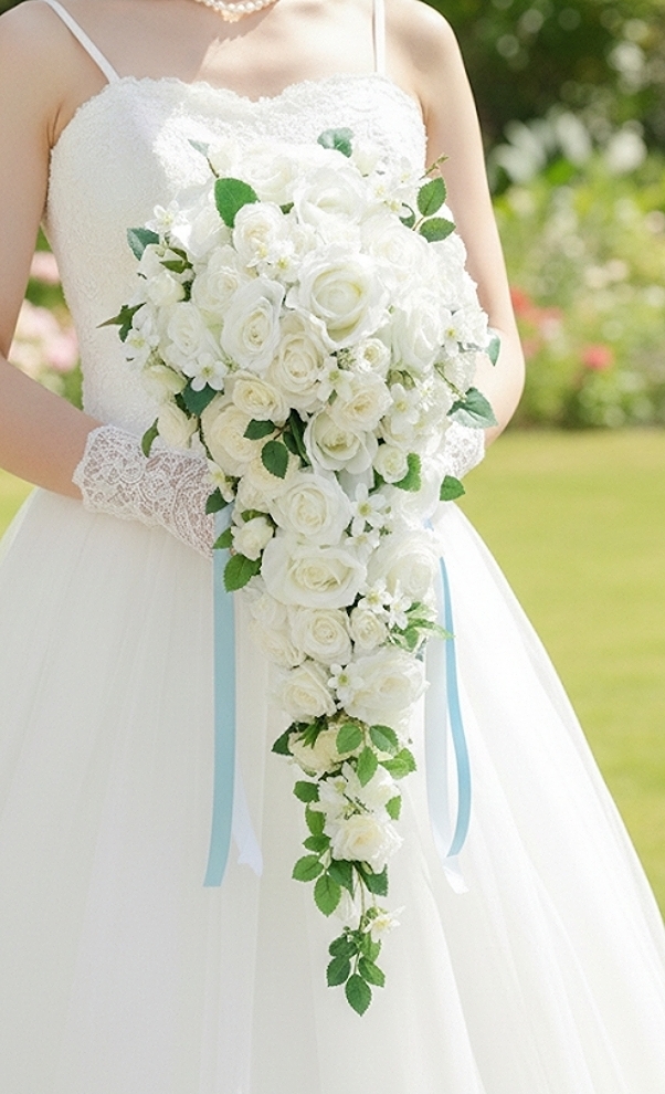 ホワイト系薔薇＆ホワイトスターのノーブルなロングキャスケードブーケ