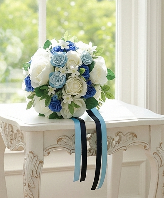 白薔薇＆＆ロイヤルブルー＆ライトブルーのミニ薔薇の気品あるラウンドブーケ