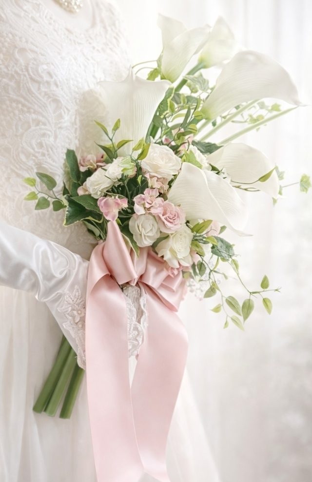 白いカラー＆ブルスター・ミニバラのナチュラルアームブーケ