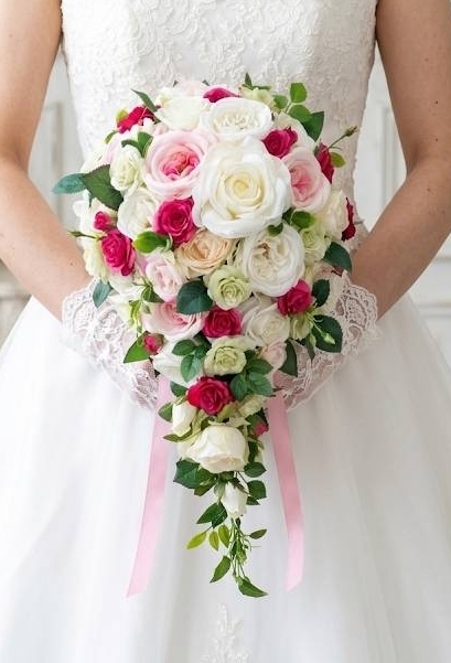 キャスケードブーケ 薔薇 白&ピンク系|造花ウエディングブーケ(アーティフィシャルフラワー)
