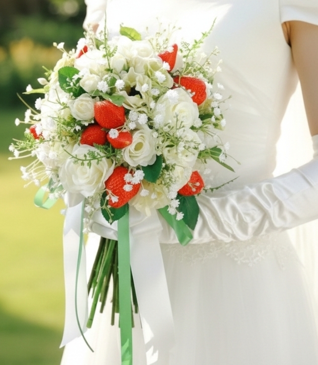 苺と薔薇＆カスミ草のふんわり可憐なクラッチブーケ