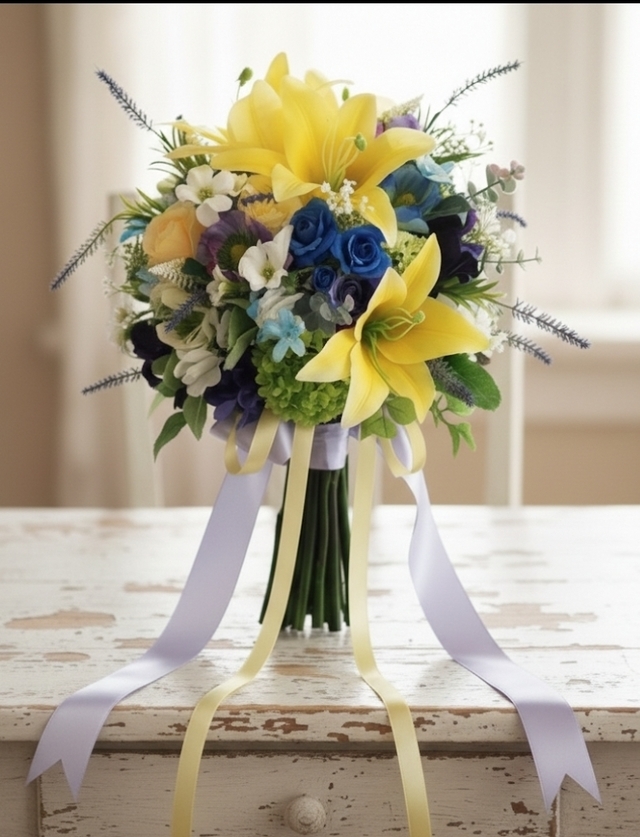 クラッチブーケ　ユリ　バラ　イエロー＆ブルー系｜造花　ウエディングブーケ（アーティフィシャルフラワー）