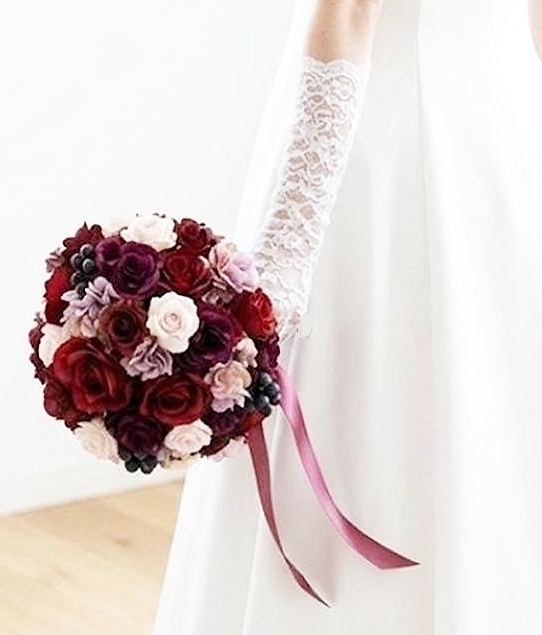 ラウンドブーケ｜  バラ×紫陽花×ダリア｜ 赤系｜大人可愛い│造花 ウェディングブーケ（アーティフィシャルフラワー）