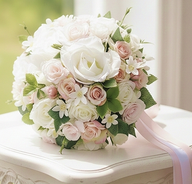 ラウンドブーケ　白薔薇　｜造花ウエディングブーケ｜アーティフィシャルフラワー