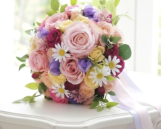 ラウンドブーケ｜バラ×マーガレット｜ピンク×カラフル系｜造花ウェディングブーケ（アーティフィシャルフラワー）