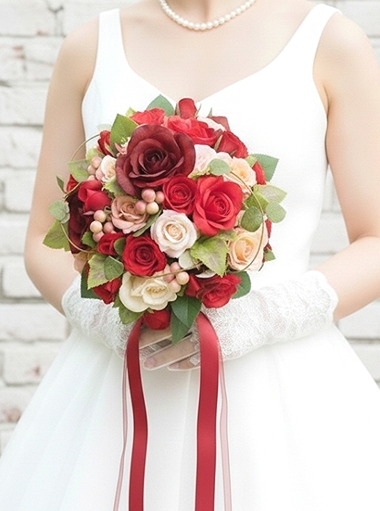 ラウンドブーケ｜バラ｜バーガンディ×赤系｜造花ウェディングブーケ（アーティフィシャルフラワー）