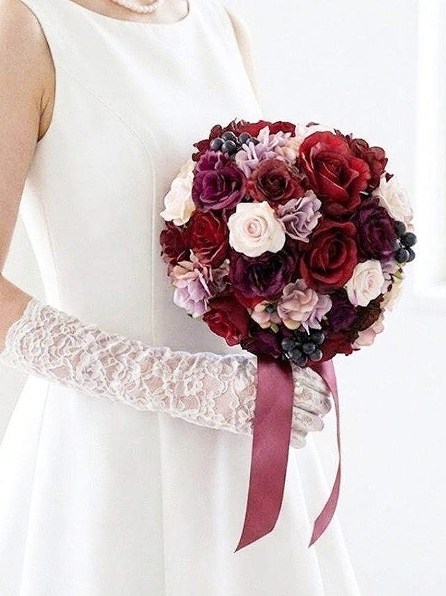 ラウンドブーケ｜  バラ×紫陽花×ダリア｜ 赤系｜大人可愛い│造花 ウェディングブーケ（アーティフィシャルフラワー）