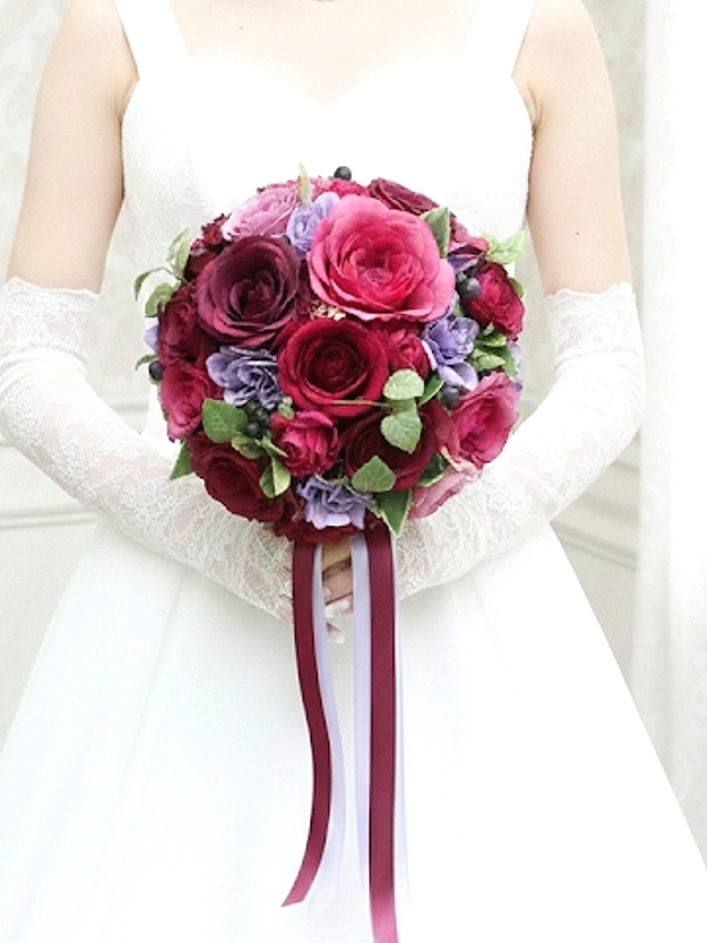 ラウンドブーケ｜バラ｜ワインカラー×パープル｜造花ウェディングブーケ（アーティフィシャルフラワー）