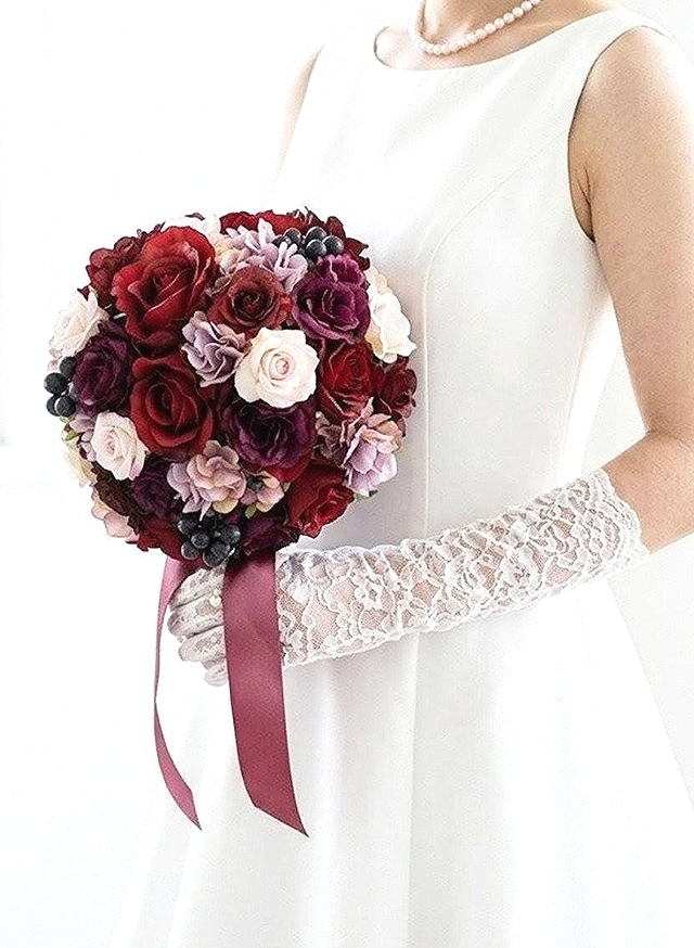 ラウンドブーケ｜  バラ×紫陽花×ダリア｜ 赤系｜大人可愛い│造花 ウェディングブーケ（アーティフィシャルフラワー）