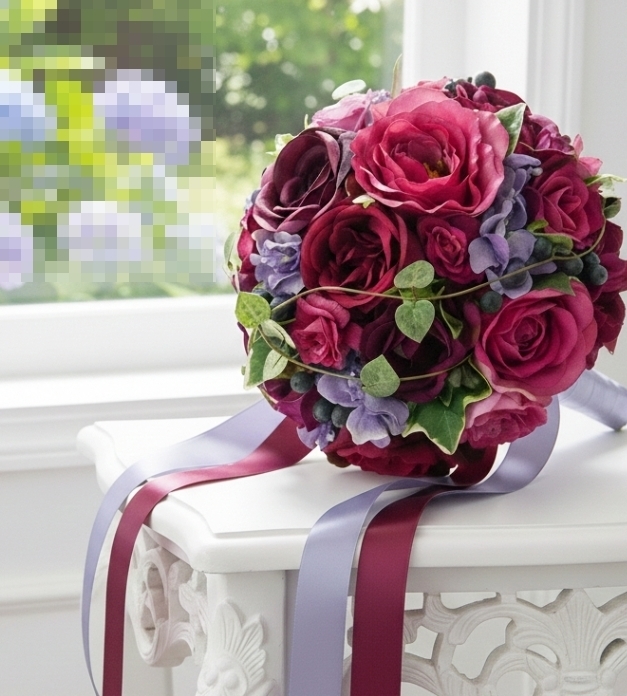 ラウンドブーケ｜バラ｜ワインカラー×パープル｜造花ウェディングブーケ（アーティフィシャルフラワー）