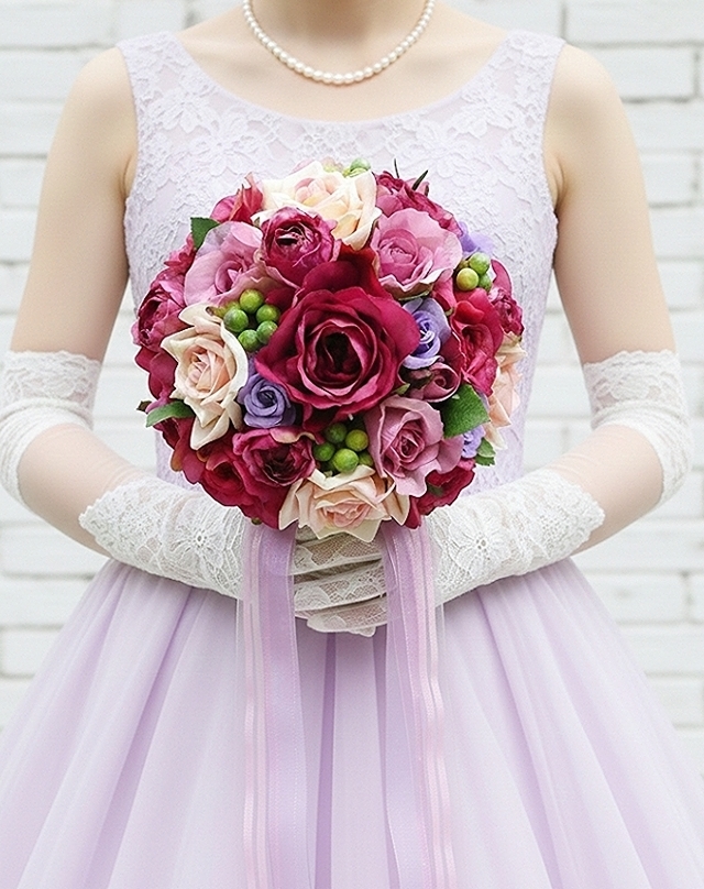 ラウンドブーケ｜バラ｜ピンク×パープル｜華やかブーケ｜造花ウエディングブーケ（アーティフィシャルフラワー）