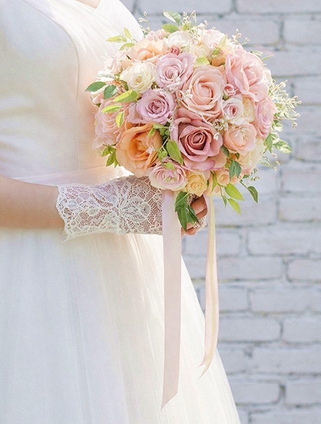 ラウンドブーケ｜バラ｜パステルカラー｜造花ウェディングブーケ（アーティフィシャルフラワー）