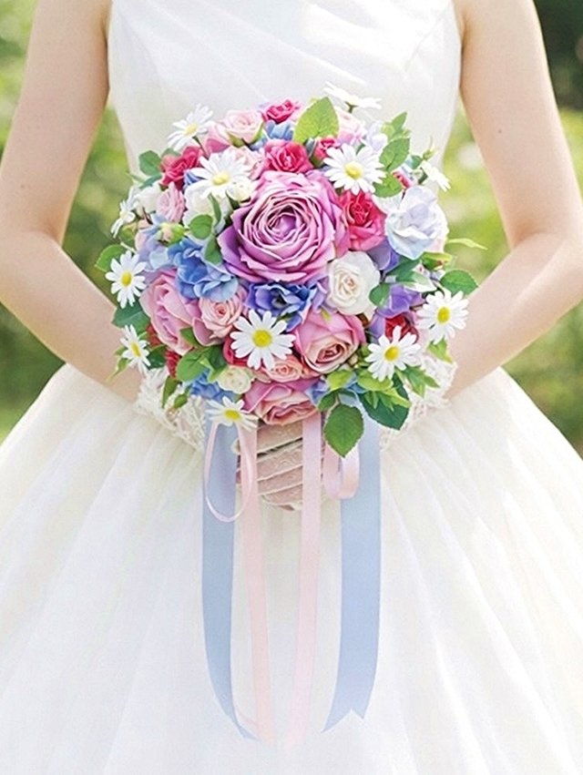 ラウンドブーケ バラ　パープル系　ピンク系 造花ウェディングブーケ｜アーティフィシャルフラワー