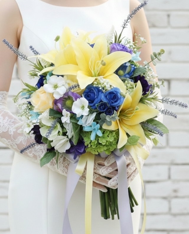 クラッチブーケ　ユリ　バラ　イエロー＆ブルー系｜造花　ウェディングブーケ（アーティフィシャルフラワー）