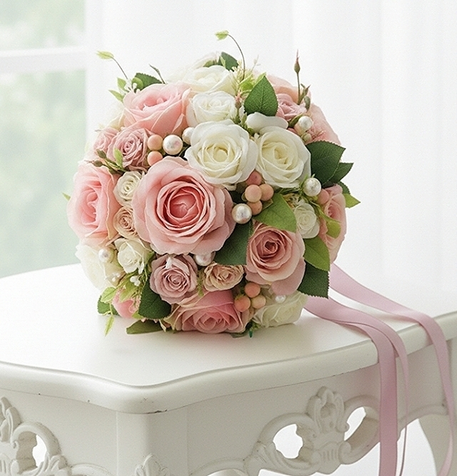 ラウンドブーケ｜バラ｜ピンク×ホワイト系｜造花ウェディングブーケ（アーティフィシャルフラワー）