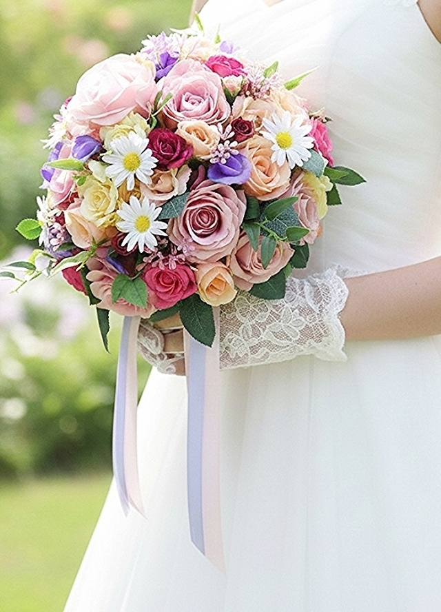 ラウンドブーケ｜バラ×マーガレット｜ピンク×カラフル系｜造花ウェディングブーケ（アーティフィシャルフラワー）