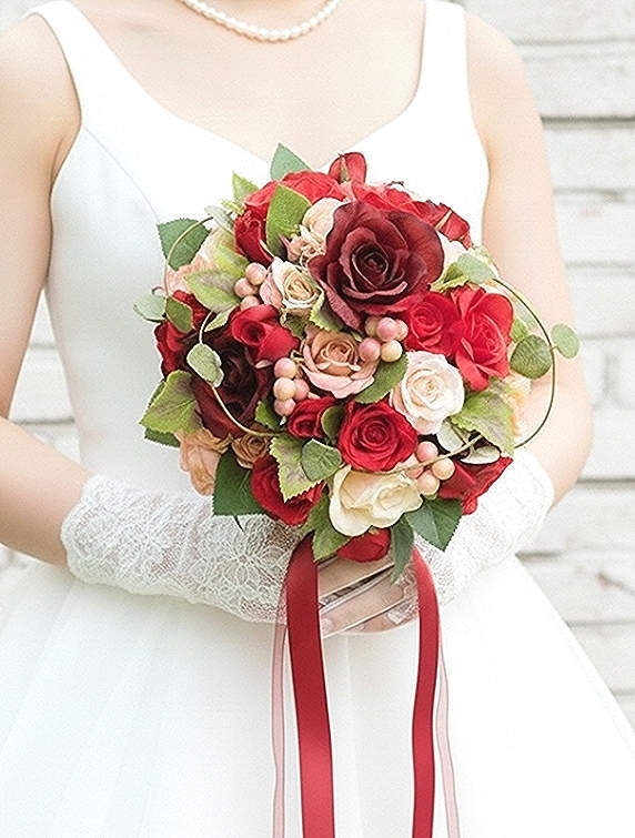 ラウンドブーケ｜バラ｜バーガンディ×赤系｜造花ウェディングブーケ（アーティフィシャルフラワー）