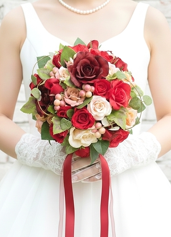 ラウンドブーケ｜バラ｜バーガンディ×赤系｜造花ウェディングブーケ（アーティフィシャルフラワー）