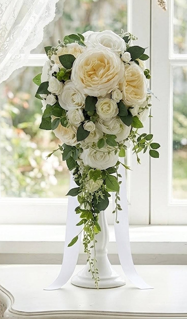 キャスケードブーケ 薔薇　白系｜造花ウェディングブーケ（アーティフィシャルフラワー）