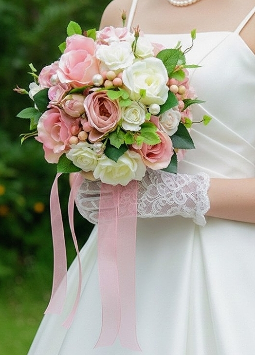 ラウンドブーケ｜バラ｜ピンク×ホワイト系｜造花ウェディングブーケ（アーティフィシャルフラワー）