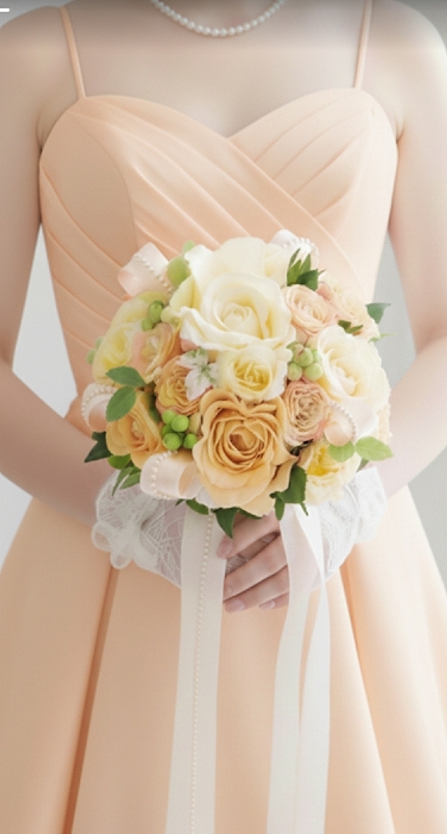 ラウンドブーケ｜バラ｜ソフトイエロー＆オレンジ｜造花ウェディングブーケ（アーティフィシャルフラワー）