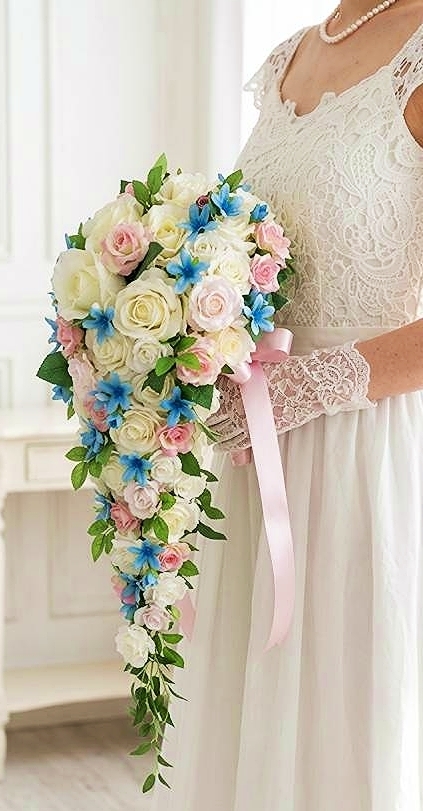 キャスケードブーケ  白＆ブルー＆ピンク系｜造花ウエディングブーケ（アーティフィシャルフラワー）