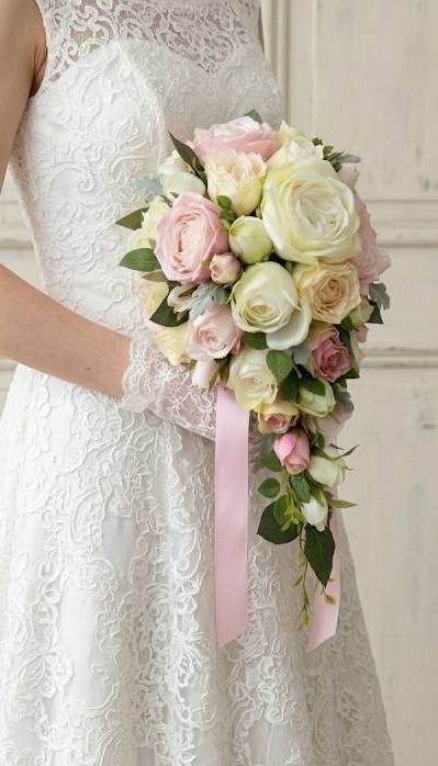キャスケードブーケ 薔薇　白＆ピンク系｜造花ウェディングブーケ（アーティフィシャルフラワー）