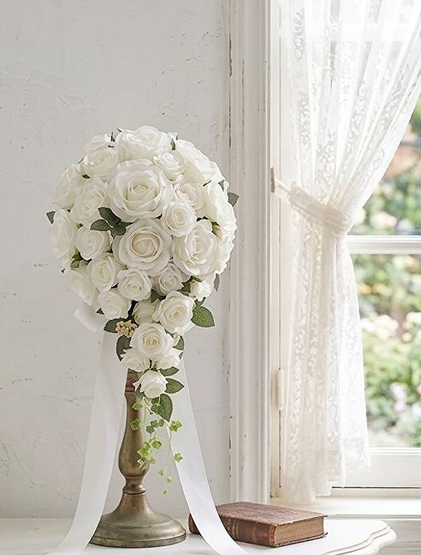 キャスケードブーケ 　薔薇　ピンク＆ローズ系｜造花ウエディングブーケ（アーティフィシャルフラワー）