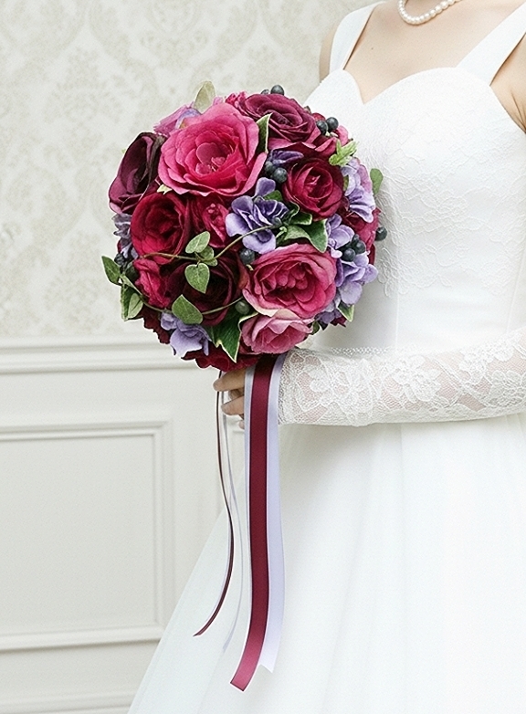 ラウンドブーケ｜バラ｜ワインカラー×パープル｜造花ウェディングブーケ（アーティフィシャルフラワー）