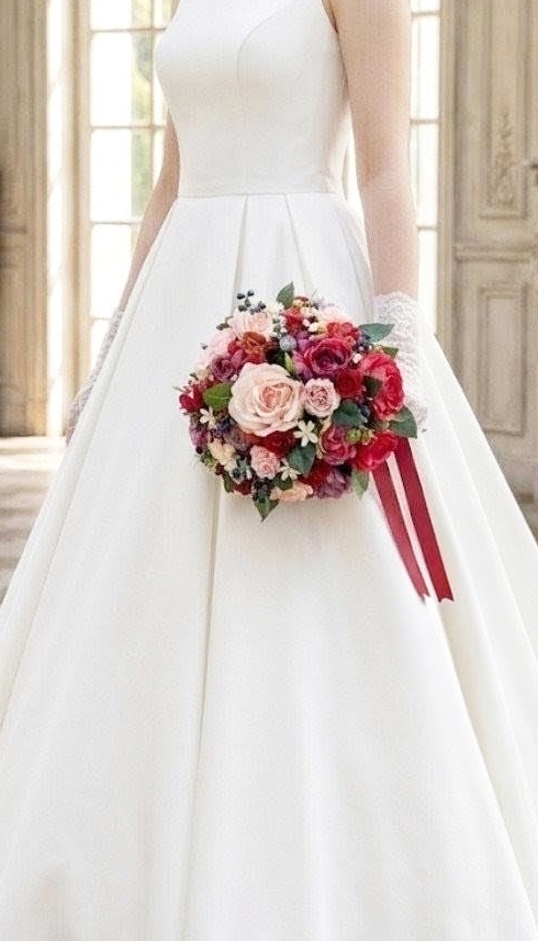 ラウンドブーケ｜バラ｜ビビッドローズ＆ディープローズ×パープル｜造花ウェディングブーケ（アーティフィシャルフラワー）