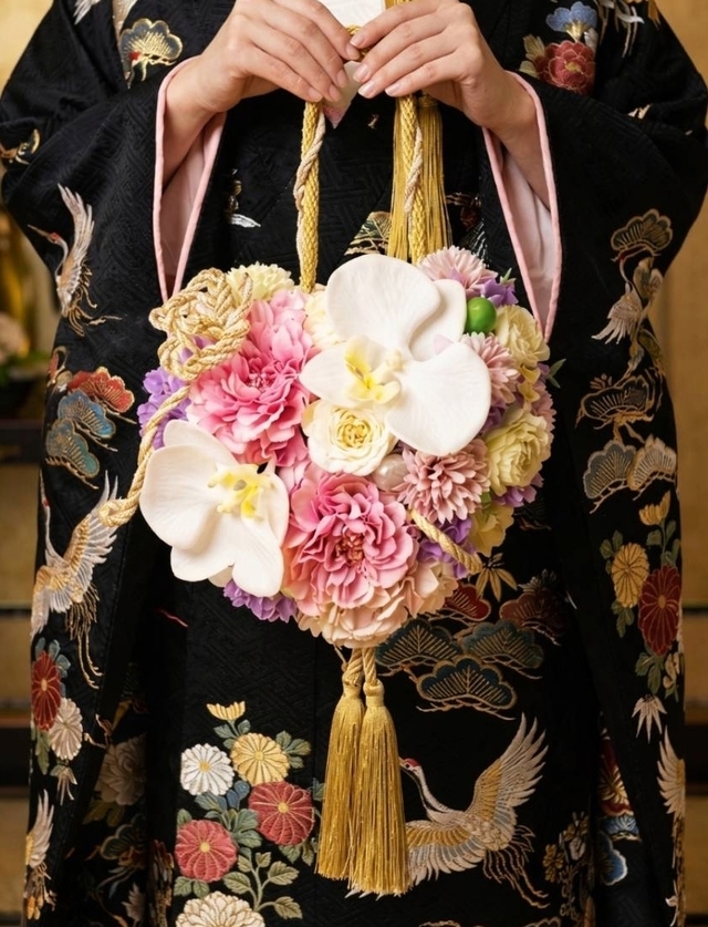 和装用ブーケ　胡蝶蘭×ダリア　和の小物　モーブピンク×白系｜造花　ウェディングブーケ（アーティフィシャルフラワー）